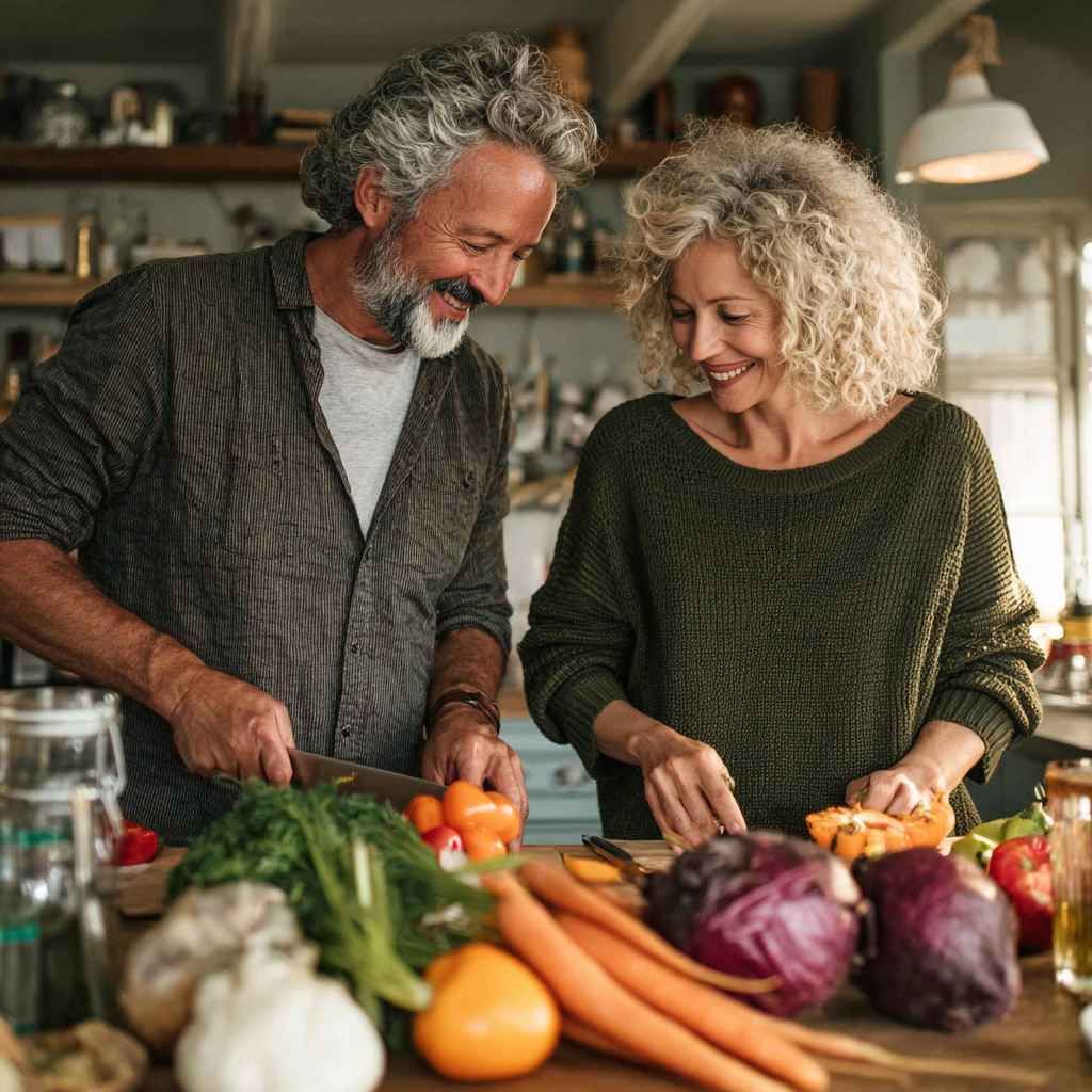 Група експертів з харчування європейського вигляду середнього віку працює за столом з продуктами з різних країн світу, усміхаючись під час обговорення